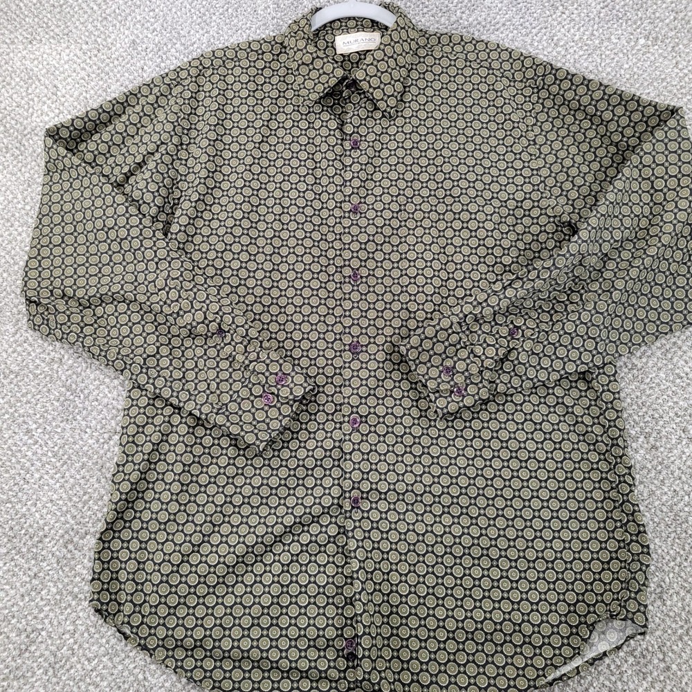 Murano Mens Medium Long Sleeve Button Down Shirt Olive Green Geometric Medallion